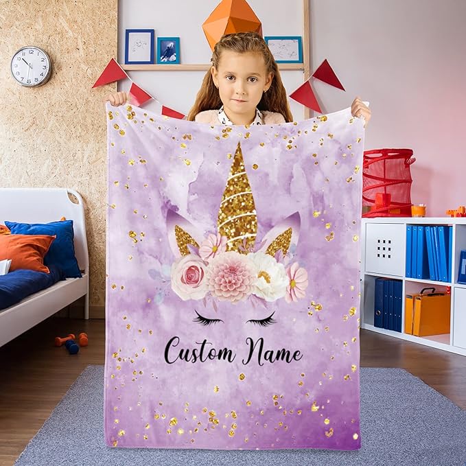Personalized Horse Blanket with Name for Girl, Custom Name Blanket for Kids, Soft Flannel Purple Horse Toddler Blanket Customized Gift for Birthday Christmas Baby Shower Newborn Gift 60" X 80"