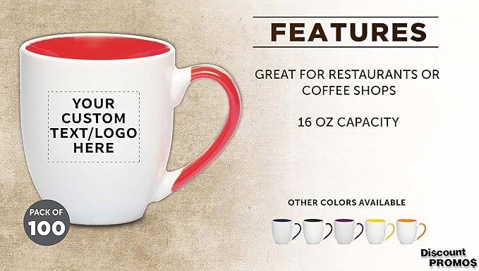 Custom Bistro Style Large Coffee Mugs 16 oz. Set of 100, Personalized Bulk Pack - Perfect for Coffee, Tea, Espresso, Hot Cocoa, Other Beverages - Red