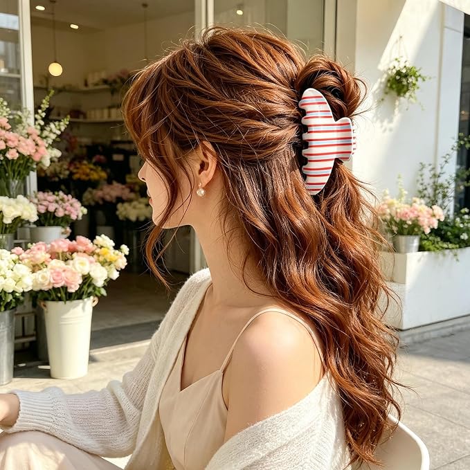 Red Blue White Stripe Hair Claw Clips Strong Hold Hair Clips Retro Jaw Clip | Funny Candy Color Lines Hair Barrettes Cute Stripes Hair Accessories Nonslip Grip Clips for Women Daily Holiday Party Styling
