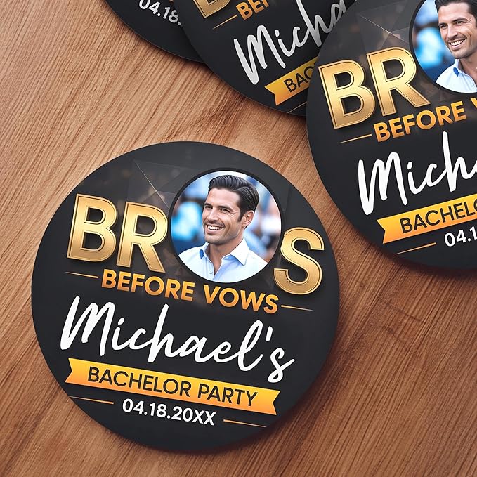 100 Pack Personalized Bachelor Party Coasters, Custom Cardboard Drink Coasters with Photo Print and Text, Fun Bachelor Party Favors and Gifts, 3.95" Round, Design 1