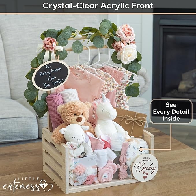 Wooden Baby Shower Crate Closet with Clear Acrylic Front - Customizable Wooden Crate Box with Dual Rod System, Easy Assembly Baby Baskets and Gift Display for Baby Shower (Natural Wood)