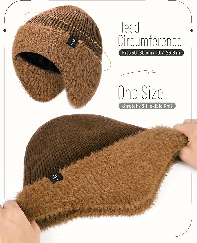 Winter Fleece-Lined Beanie with Earflaps, Warm Windproof Unisex Beanie Hat for Skiing, Hiking & Outdoor Winter Sports