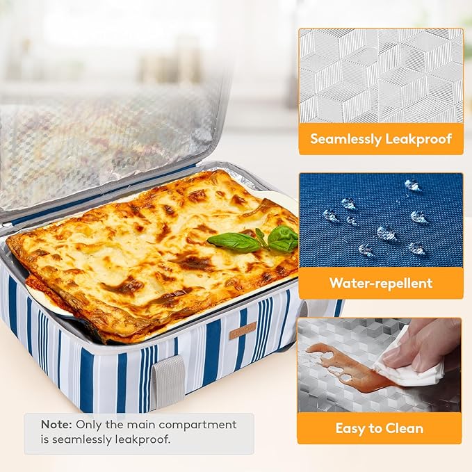 LUNCIA Insulated Single Decker Casserole Carrier, Lasagna Lugger Tote Keeps Food Hot or Cold, Thermal Lunch Bag for Potluck Parties, Picnic and Cookouts, Fits 9" x 13" Baking Dish, Blue