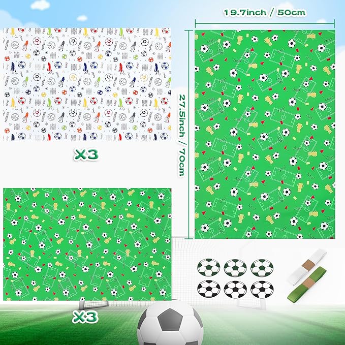 Ribbion Wrapping Paper Football Sheets with Sport Soccer Green White Mixed Design, Gift Wrap Set for Present, 6 Sheets, 28"Lx20"W per Sheet