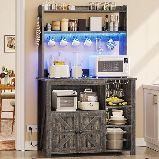 Itaar Coffee Bar Cabinet, Bakers Rack with Power Outlet and Storage, Farmhouse Microwave Stand Kitchen Cabinet with Hutch, LED Lights, Wine Glass Holder and 8 Hooks (Grey)