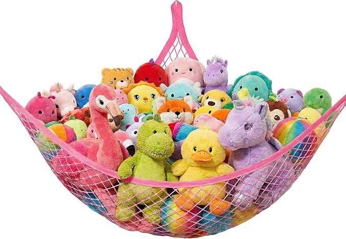 Lazebox Stuffed Animal Net Hammock for Plushie Toys, Stuffed Animal Hammock Corner for Kids' Room Decor, Ideas for Organizing Stuffy Collection, 1 Pack, Pink