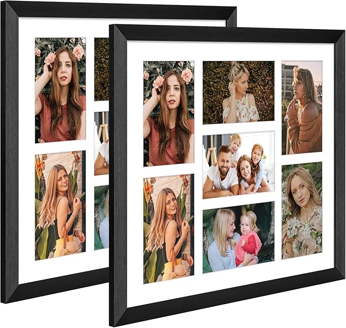 13.5x15.5 Collage frame with 7 Openings 4X6 Pictures, Multiple Picture Frame with Mat, Wall or Tabletop Decor, Black Wood Grain,2 Pack