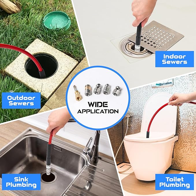 Sewer Jetter Kit for Pressure Washer, 100FT 5800 PSI Drain Cleaner Hose with 1/4" NPT Corner, Rotating and Button Hose Sewer Jetting Nozzle, Waterproof Tape, Pearl Corsage Pin, Spanner, Glove