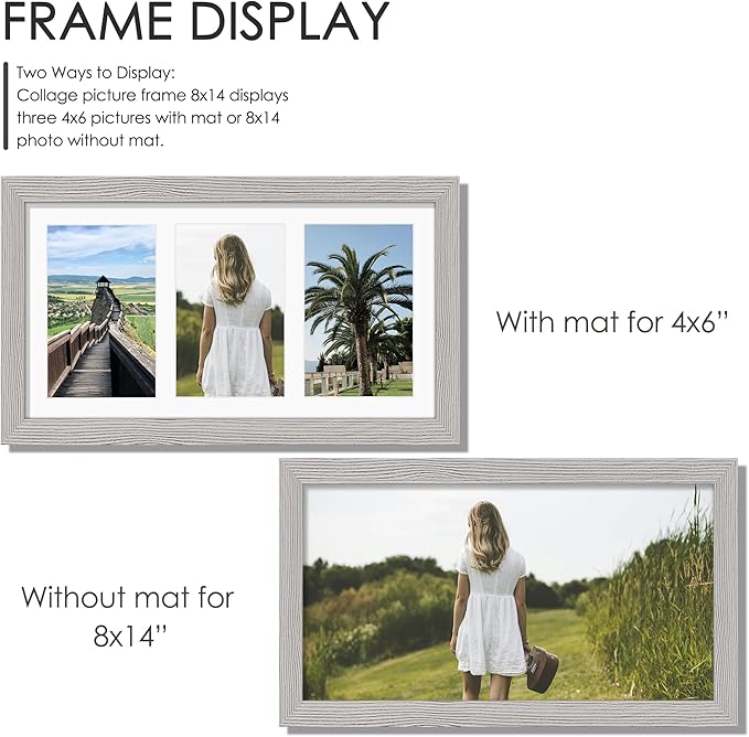 8x14 Collage Picture Frame 4x6 Collage Picture Frame Displays Three 4x6 inch Photos or 8x14 (Without Mat) for Available Horizontal Wall Mounting Display and Vertical Grey