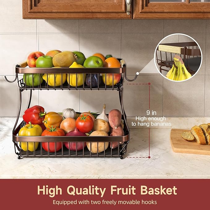 2 Tier Large Fruit Basket for Kitchen Counter with 2 Mobile Banana Hangers, 2026 Pro Detachable Metal Fruit Bowl with Wooden Handle (Brown, 2 Tier Extra Large)