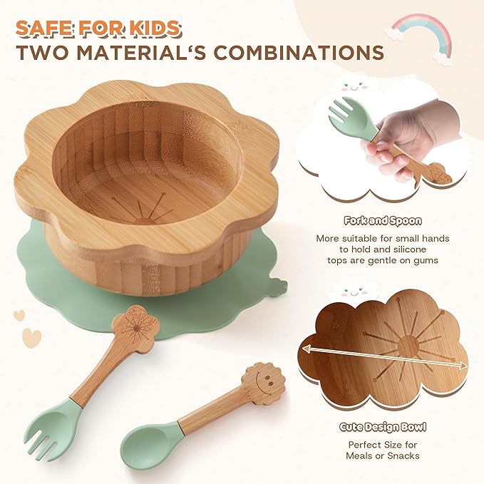 Bamboo Suction Plates Bowls Set for Baby Toddler - Includes Bamboo Bowl, Divided Plate, Silicone Fork & Spoon, All-Natural Baby Feeding Set for Baby-Led Weaning