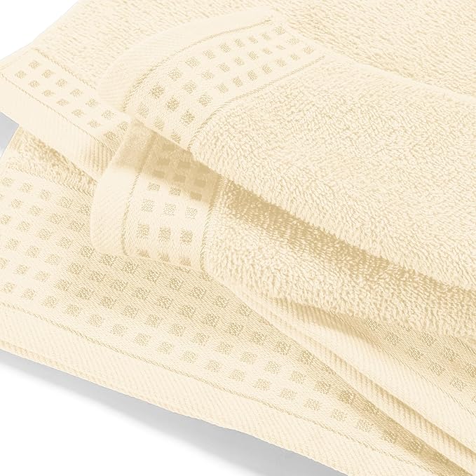 GLAMBURG Ultra Soft 3 Pack Cotton Towel Set, Contains a Bath Towel 28x55 inch, a Hand Towel 16x24 inch & a Wash Coth 12x12 inch, Ideal Everyday use, Compact & Lightweight - Ivory