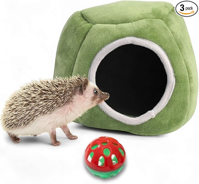 Hedgehog Hideout Nest with Bell Ball Toy, Cave Bed Nest Hedgehog Hideout, Guinea Pig Bed, Small Animals Warm House Cage Supplies, Hedgehogs Accessories, Hamster Cage Accessories (Green Hide)