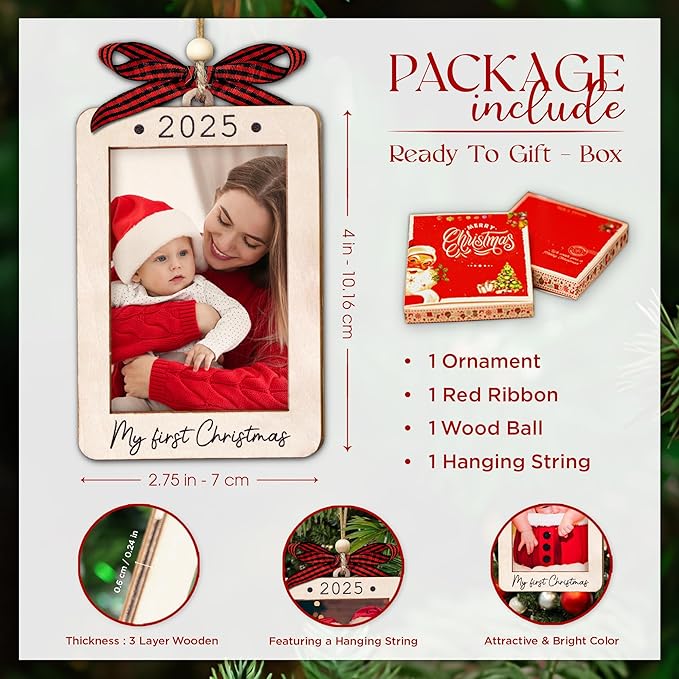 Babys First Christmas Ornament 2025 Girl And Boy - Wooden Portrait Picture Frame Ornaments For Tree - My First Christmas Ornament - New Mom Gift - Baby's First Christmas Gifts 2025
