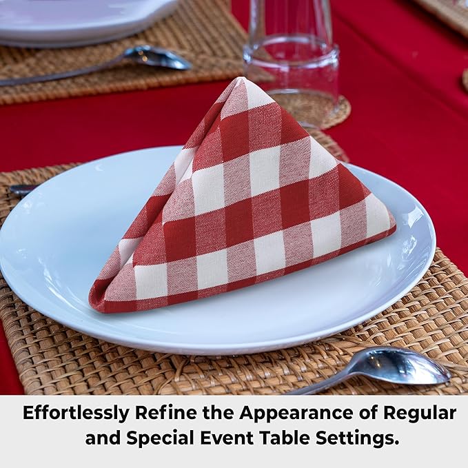 Urban Villa Cloth Napkins 100% Cotton Dinner Napkins Highly Absorbent 20x20 Inches (Set of 12) Red White Buffalo Checks Reusable Washable Soft Durable Premium Napkins Ideal for Home Wedding Parties
