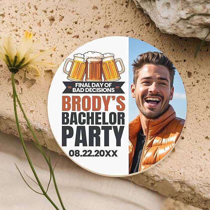 100 Pack Personalized Bachelor Party Coasters, Custom Cardboard Drink Coasters with Photo Print and Text, Fun Bachelor Party Favors and Gifts, 3.95" Round, Design 2