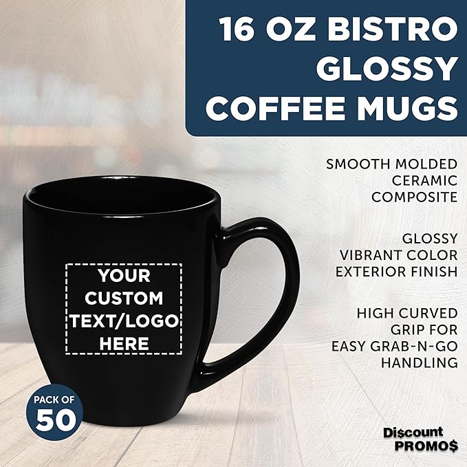 Custom Large Coffee Cups 16 oz. Set of 50, Personalized Bulk Pack - Perfect for Tea, Espresso, Cappuccino, Hot Cocoa - Black