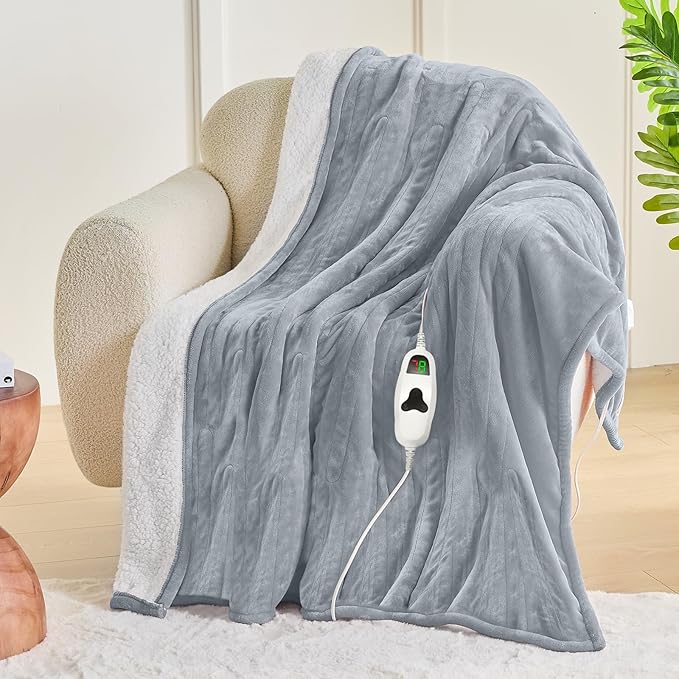 greenoak Heated Blanket Electric Twin 62"X84", Heating Blankets with 10 Heat Levels 1/2/4/6/8 Hours Auto-Off, Flannel Sherpa Soft Warm Heater, Dove Grey