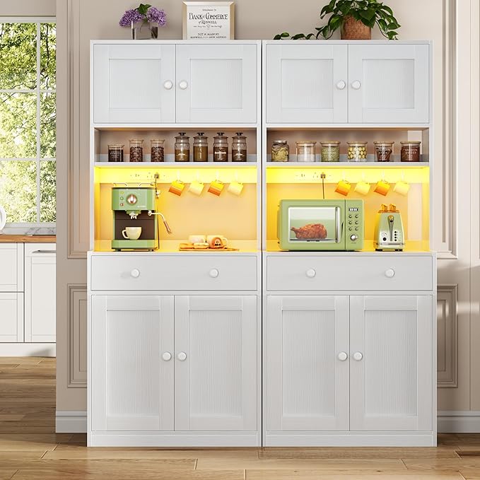 Korfile 71" Tall Kitchen Pantry Storage Cabinet with Power Outlet & LED Light, Freestanding Food Pantry Cabinet with 4 Doors and Shelves, Cupboard with Drawer, Hutch with Microwave Stand, White