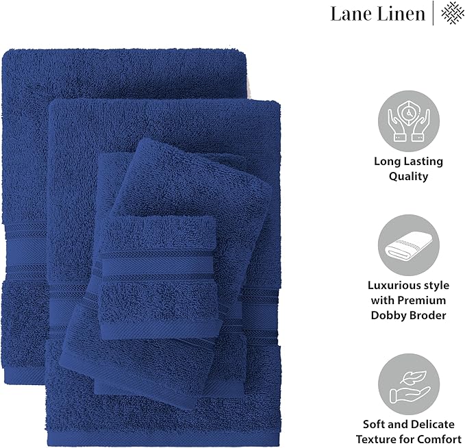 LANE LINEN 100% Ring-Spun Cotton Bath Towel Set of 18 – Zero Twist Shower Towels, 6 Bath, 6 Hand Towel & 6 Washcloths, Quick-Dry, Luxuriously Soft & Durable, Perfect for Everyday use – Navy