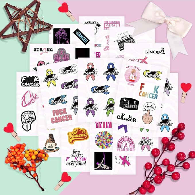 100Pcs F_ck Cancer Stickers for Water Bottle and Laptop - F_ck Cancer Party Supplies & Decorations, Waterproof Vinyl Decals, Awareness and Support Stickers, Gifts for Women & Men