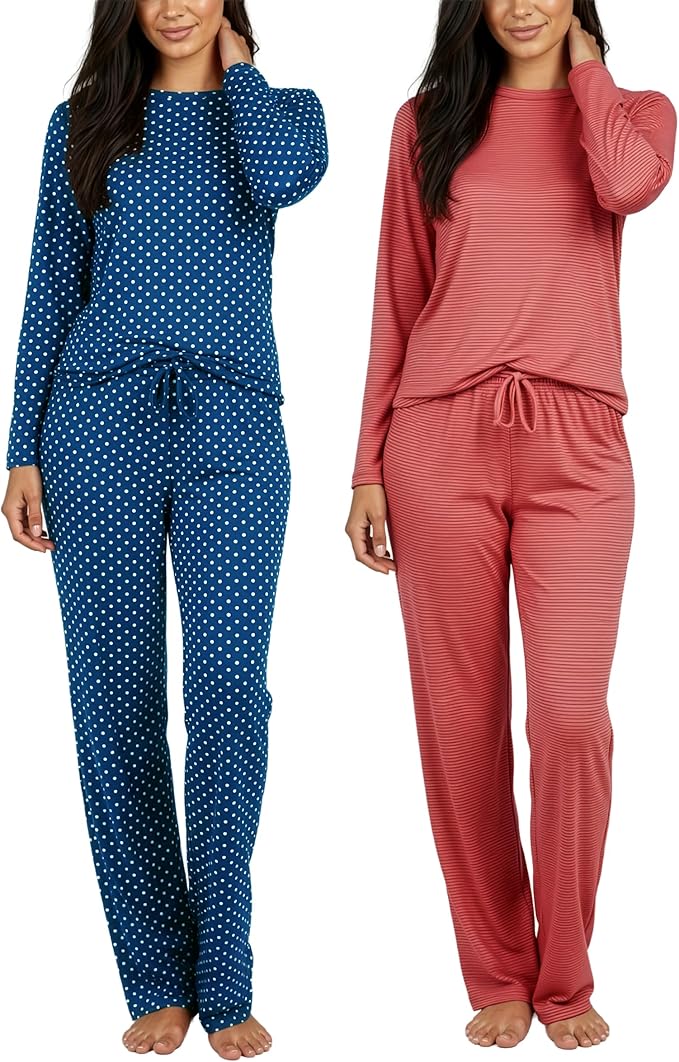 Real Essentials 2 Pack: Women's Comfy Pajama Sets - Short & Long Sleeve Ladies Loungewear Sleepwear PJs (Available In Plus)
