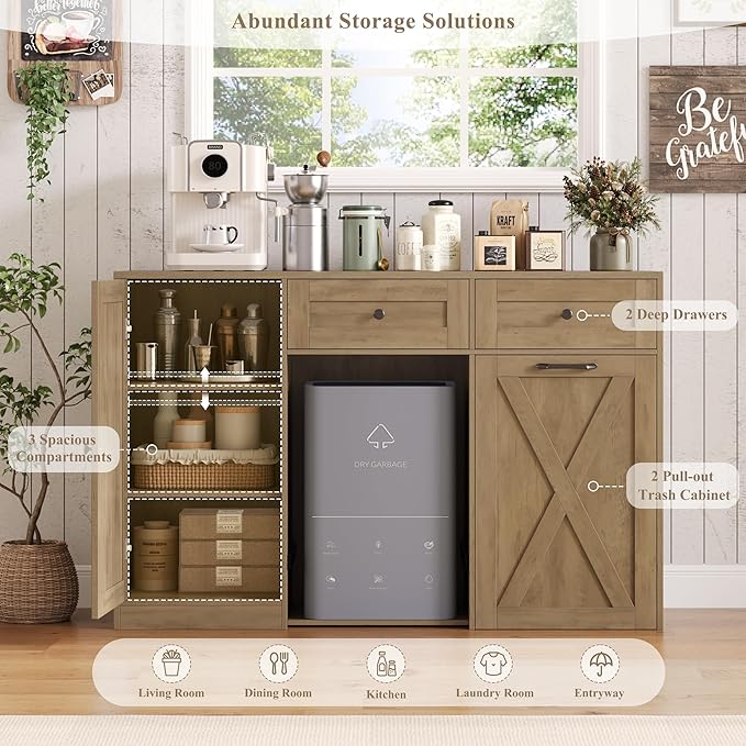 HOSTACK 12.5 Gallon Kitchen Trash Cabinet, 47" Double Trash Can Cabinet, Large Pull Out Can Storage Drawers, Wood Farmhouse Hidden Garbage Storage Buffet for Kitchen, Dining Room, Rustic Brown