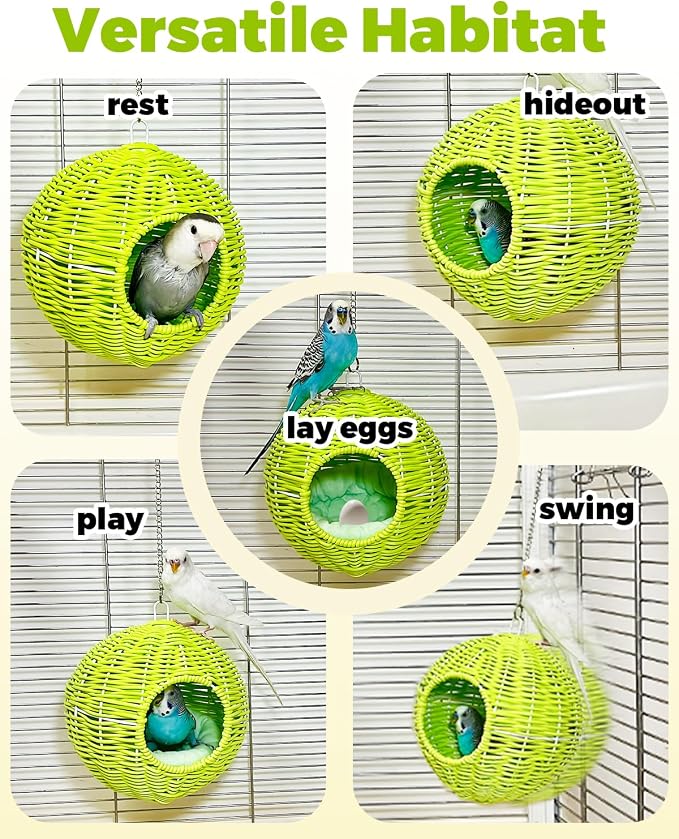Chewproof Steel Frame Bird Nest for Cage, Washable Small Bed Hammock | Bird Hideout Lay Eggs Parakeet Nest Sleep Rest, Parakeet Warm Bed House Hut for Lovebird, Canary, Budgie, with Cushion