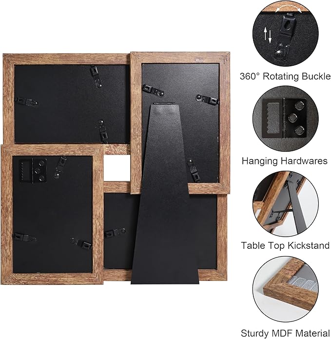 4x6 Collage Picture Frames Set of 1, Multi Family Photo Frame with Real Glass, Displays Four 4x6 Photo, Wall Decor Wall Hanging or Tabletop, Distressed Brown