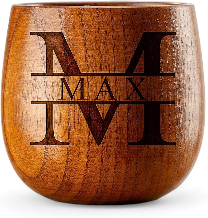 Custom Monogram Wooden Whiskey Glass, Laser Engraved Gift for Men, Dad, or Husband, 10 oz Personalized Wooden Bourbon Cup