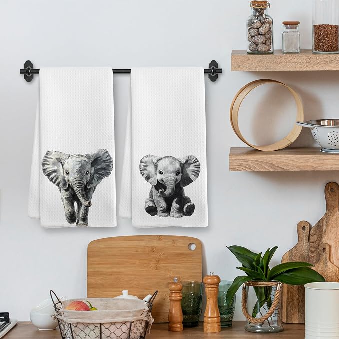 Funny Elephant Kitchen Towels and Dishcloths Sets of 2, Elephant Nursery Decor Gifts for Home,Woodsy Rustic Cabin Safari Jungle Nursery Decor Dish Hand Tea Towels for Bathroom Kitchen,16x24In