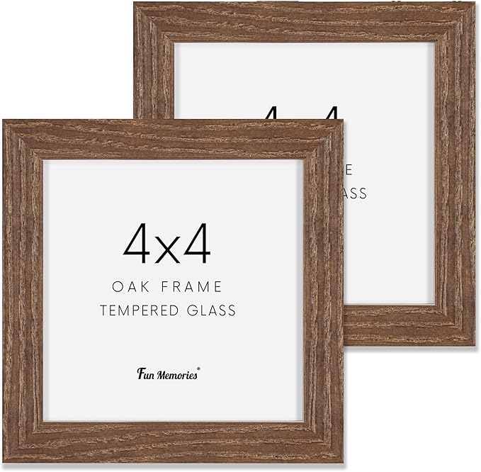 Fun Memories 4x4 Picture Frame, Solid White Oak Wood Frame 4 by 4, 4 x 4 Square Photo Frame with Tempered Real Glass, Rustic Wooden Frame 4""x4"" for Wall & Tabletop Display, Walnut Color, Set of 2