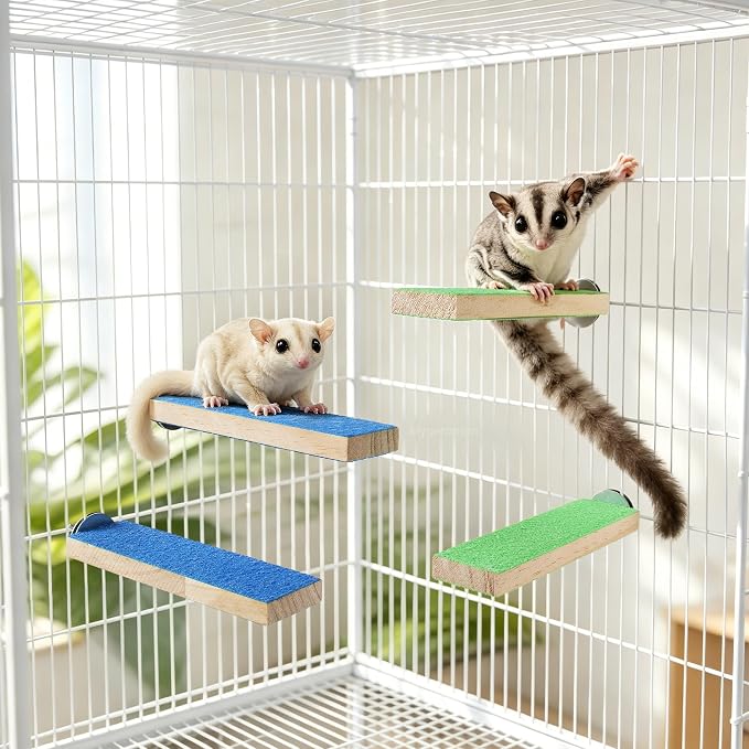 Mygeromon Sugar Glider Toy Climbing Steps Rat Cage Platform Accessories | Wood, 4 Pcs, Small Animal, Squirrels, Chinchillas Enrichment Supplies, Blue, Green