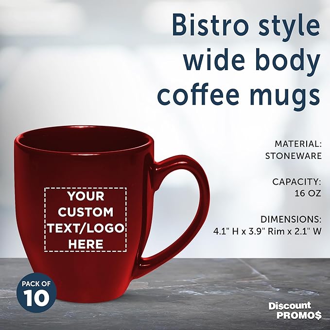 Custom Large Coffee Cups 16 oz. Set of 10, Personalized Bulk Pack - Perfect for Tea, Espresso, Cappuccino, Hot Cocoa - Maroon