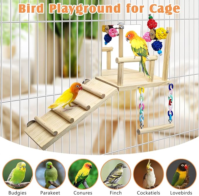 BNOSDM Bird Perch Platform with Mirror, Wooden Climbing Ladder for Parakeet, Small Bird Swing Toys with Rotating Balls Parrot Cage Accessories Budgie Playground for Cockatiel, Lovebirds, Conures