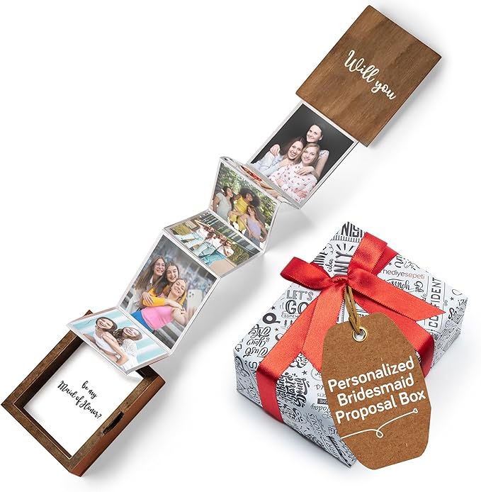 udelf Bridesmaid Proposal Box – Rustic Wooden Accordion Photo Pull Out Box with “Will You Be My Bridesmaid?” Design – Keepsake Gift for Bridesmaid or Maid of Honor Proposal – 14 Photos 3"x2"