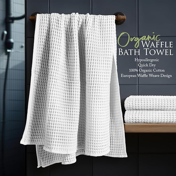 Softerry European Waffle Weave Bath Towel Set - 100% Organic Cotton - Quick Dry Lint Free Thin and Absorbent - Fade Resistant - Eco-Friendly (Set of 2 Bath, White)