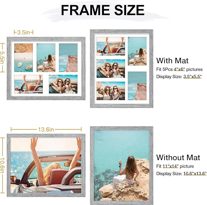 Vittanly 11x14 Collage Picture Frame, Displays 5Pcs 4x6 Pictures with Mat or 1Pcs 11x14 without Mat for Wall Mounting, Picture Frames Collage Wall Decor in Grey, 1 Pack