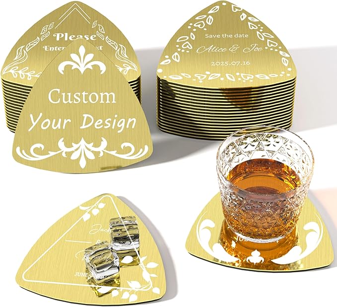 Personalized Coasters,Stainless Steel Coaster with Sponge Bottom,Engraved Drink Coasters with Logo/Name, Modern Coasters for Restaurant, Bar, Housewarming or Wedding Gift, Set of 6 (Golden, Triangle)