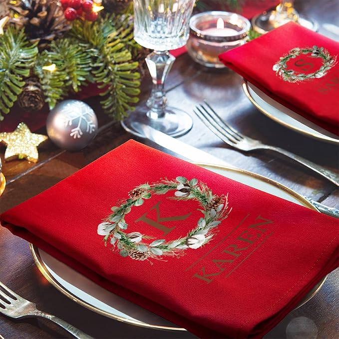 Custom Christmas Kitchen Towels Square Personalized Initial Name Wreath Hand Towels Christmas Tea Dish Towel Kitchen Decor Gifts for Family Red 17.7×17.7INCH