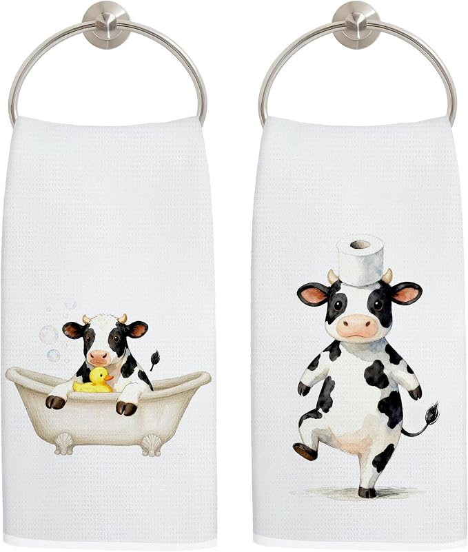 Funny Cow Bathroom Hand Towels, Cow Lover Gifts, Cute Bathing Calf Farm Animal Decorative Hand Towels for Bathroom Washroom Restroom, 16x24 Inch Set of 2