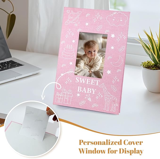 Baby Photo Album 4x6 300 Pockets with Memo Area & Hand and Footprint Kit, Linen Cover Slip-in Memory Book with Front Window, Acid-Free Keepsake for Newborn Boy Girl, First Year Moments