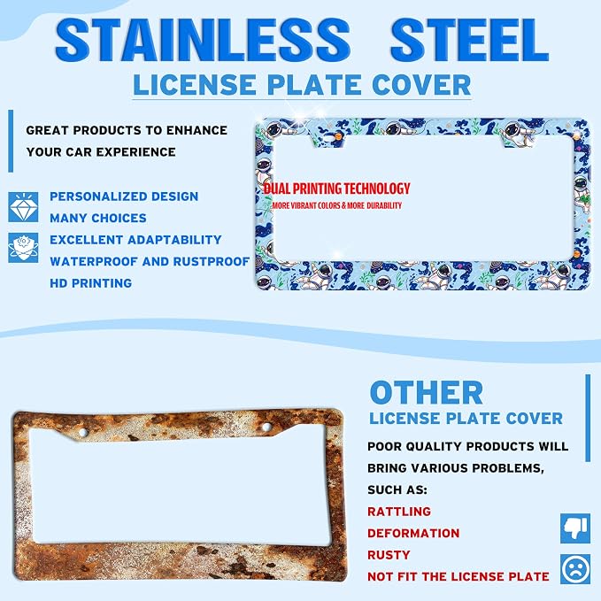 Astronaut Galaxy Planet License Plate Frame Stainless Steel 6.3 X 12.2 Inch | Fits US Standard With Screws Rust Resistant For Car Front Rear Decoration Accessories Easy Installation For Cars SUV Truck