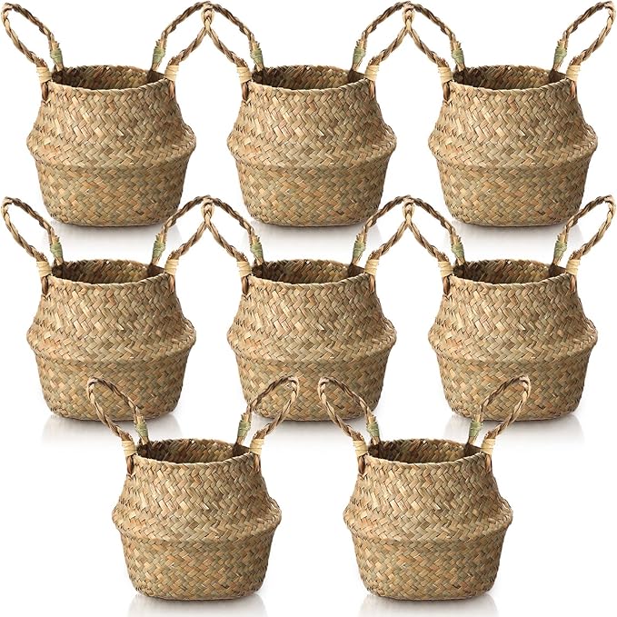Qunclay 8 Pcs Woven Seagrass Baskets Belly Basket Folding Boho Natural Plant Pot with Handles Round Decorative Wicker Large Indoor Planter for Home Outdoor Tree Planters Decor (6.3 x 5.9 Inch)