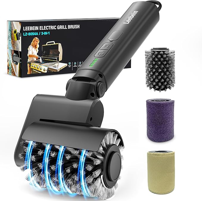 Leebein Electric Grill Brush for Outdoor, 2026 Upgraded BBQ Grill Cleaner with 3 Heads, 3-Speed & Angle Adjust Cordless Rotary Grill Brush, 150Mins Runtime Grill Cleaning Brush for Barbecue Grates