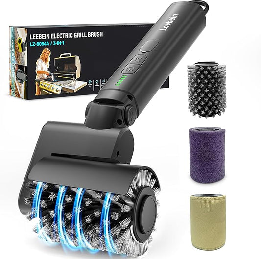 Leebein Electric Grill Brush for Outdoor, 2026 Upgraded BBQ Grill Cleaner with 3 Heads, 3-Speed & Angle Adjust Cordless Rotary Grill Brush, 150Mins Runtime Grill Cleaning Brush for Barbecue Grates