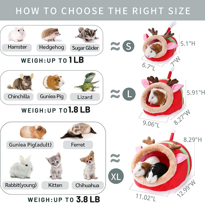 JanYoo Guinea Pig Rabbit Ferret Bed Hide Huts Removable Cushion for Rat Accessories Toys (L,Reindeer)