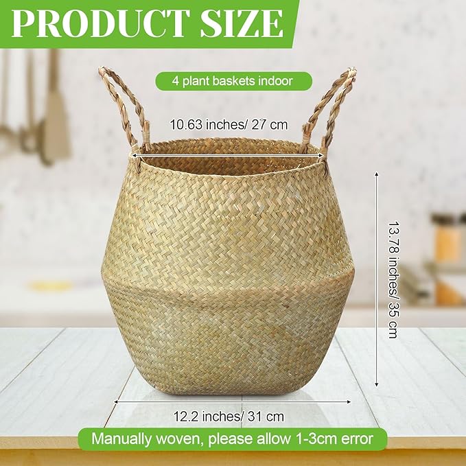 Qunclay 4 Pcs Woven Seagrass Baskets Belly Basket Folding Boho Natural Plant Pot with Handles Round Decorative Wicker Large Indoor Planter for Home Outdoor Tree Planters Decor (13.78 x 12.2 Inch)