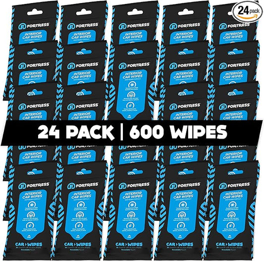 Fortress Car Interior Wipes (25 ct, Pack of 24) for Car Interior Cleaning, Dashboard, Seats, Detailing, and Steering Wheel [Travel Size] Skin-Safe Car Interior Cleaner Supplies