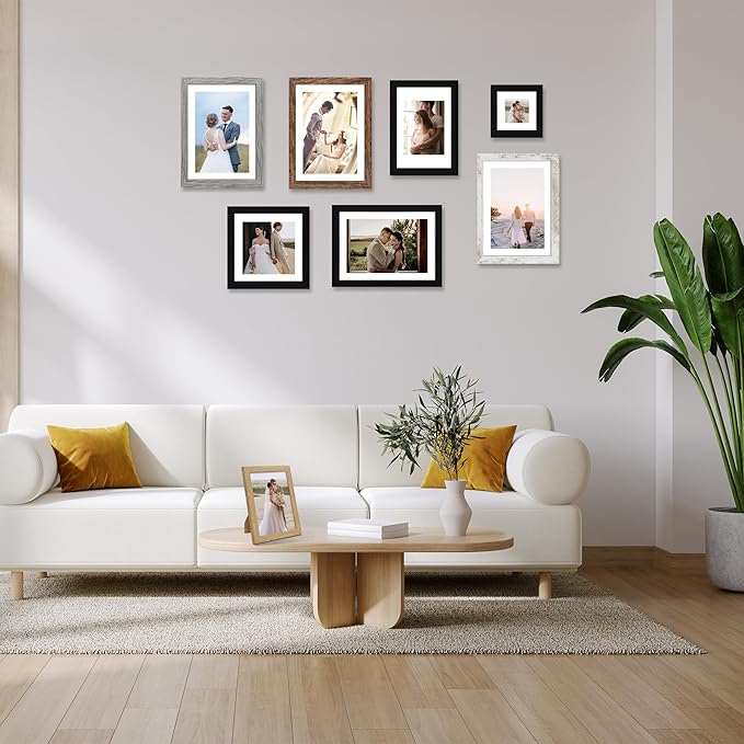 10x14 Picture Frame Set of 4, Made of Glass and Rustic Brown Wooden Frame, Display 8x12 Pictures with Mat or 30 x 40cm Diamond Painting Art without Mat for Wall Mounting, Gallery Photo Frames